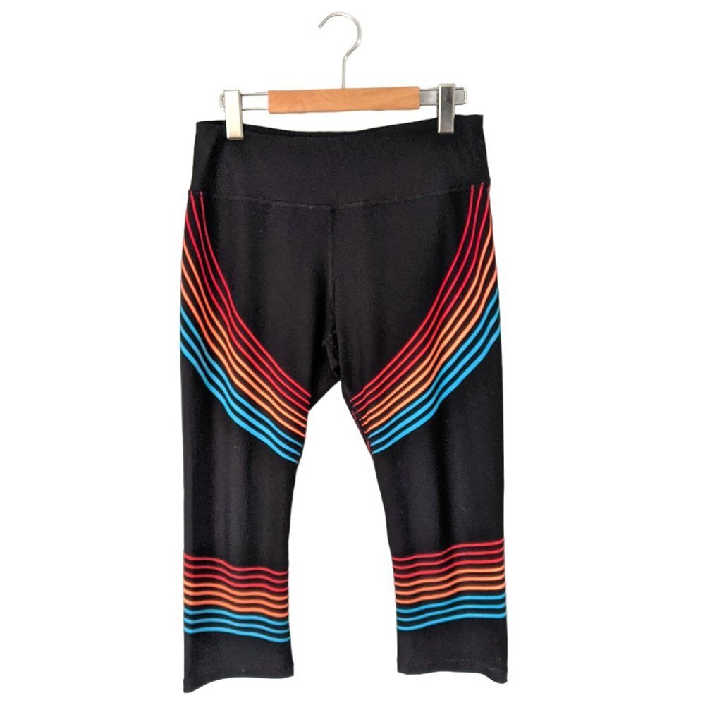 RBX Crop Leggings Stretch Capris Pant Bright Stripes Athleisure Neon